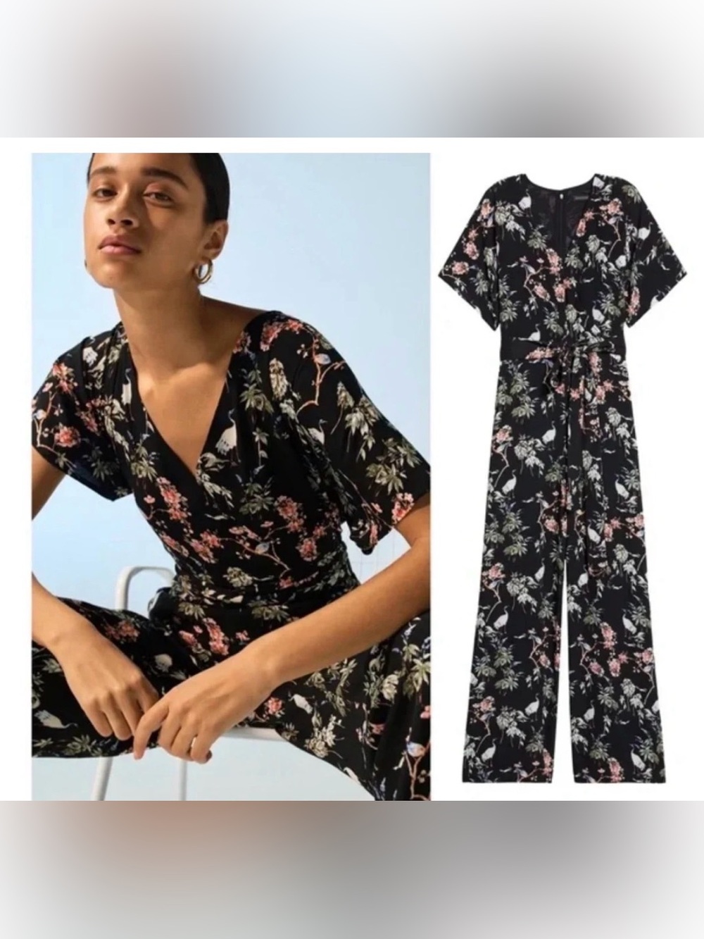 Banana Republic kimono sleeve black birds-eye print floral jumpsuit